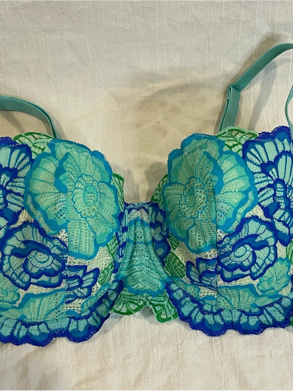 Adore Me 36DD Blue Floral Lace Longline Balconette Underwire Bra Lingerie